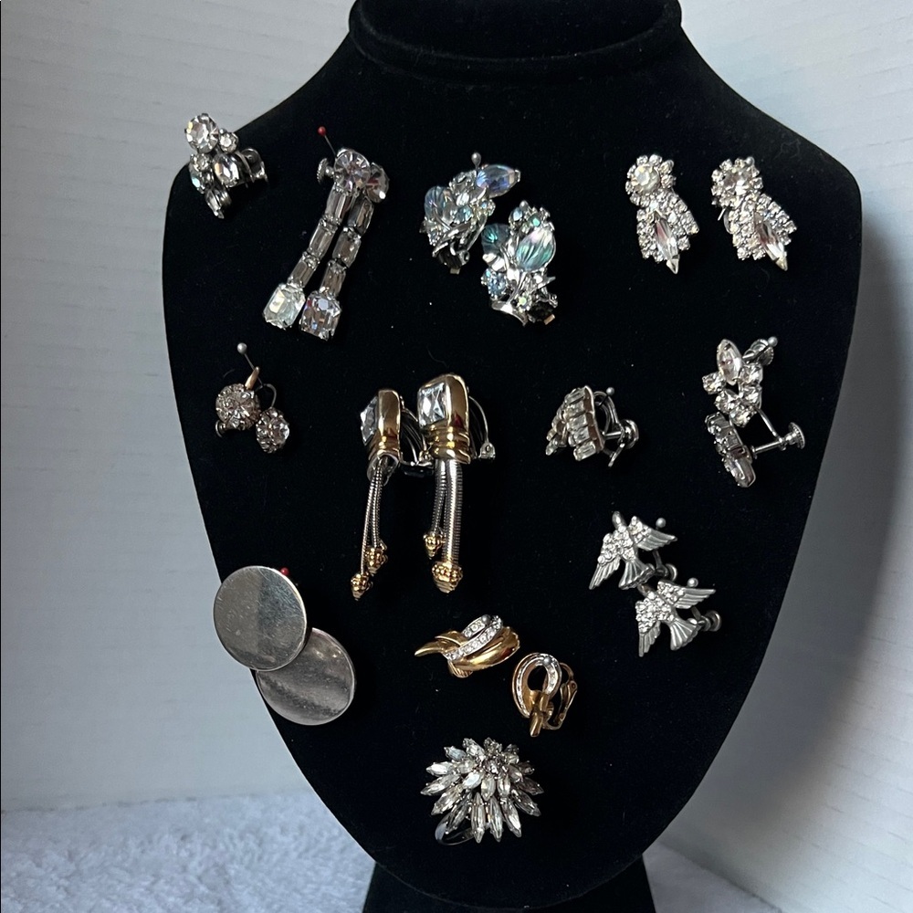 Elegant Rhinestone Silver Gold Clip/Twist-on Earrings Lot of 11 & Adj. Ring